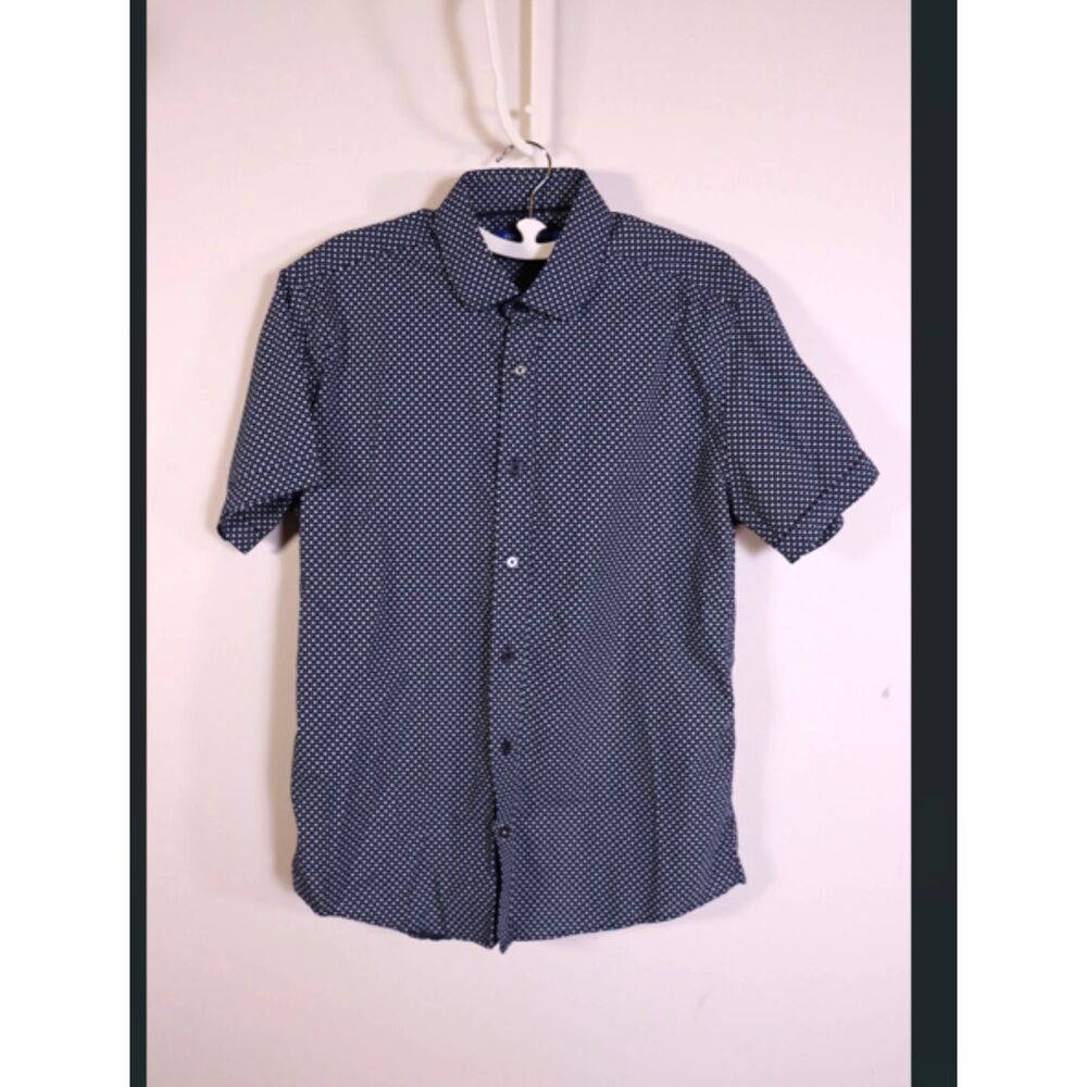 Vince Camuto Mens Blue White Pattern Button Up Shirt Medium Short Sleeve
